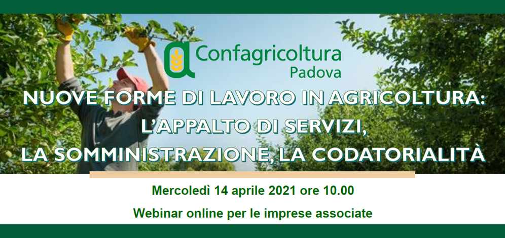 Webinar: ＂Nuove forme di lavoro in agricoltura: l’appalto di servizi, la somministrazione, la codatorialità＂